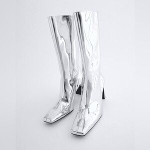 NEW Zara Silver Knee-High Block Heel Boots